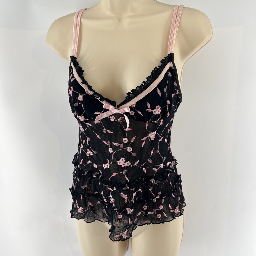 Vintage Victorias Secret Cami Top S Y2K Babydoll Floral Embroiderd Mesh Coquette